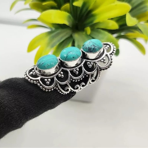 Sterling Silver Beautiful Turquoise 925 Sterling Triple Gemstone Women Ring - Picture 3 of 3